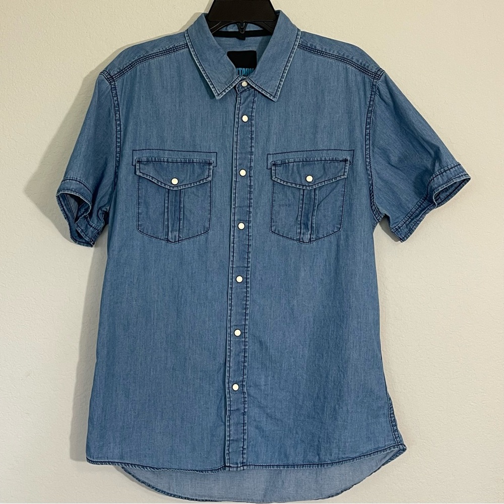 Mens Denim Shirt Short Sleeve Pearl Snaps Autark Rough Concepts Size Large 41/42
